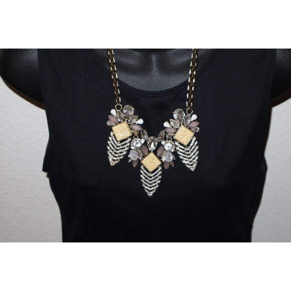 Statement Chunky Lucite Crystal Necklace Art Deco Gold Tone Feather Pinecone 18" - Picture 3 of 12